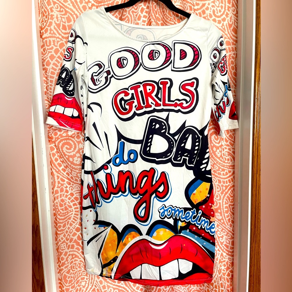 Retro graphic bodycon mini dress, sz L